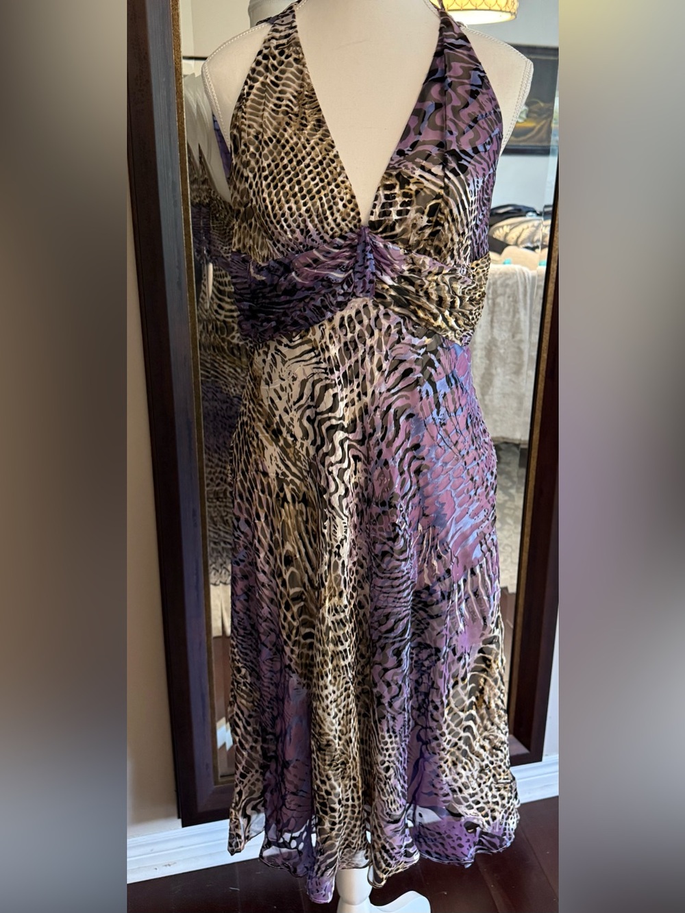 Joseph Ribkoff Purple and Tan Animal-Print Halter Maxi Dress